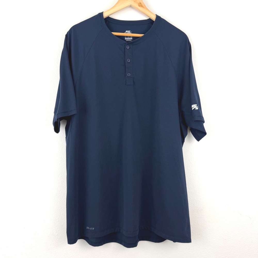 Nike SB Dri-FIT Henley Shirt Mens XXL Navy Blue Short Sleeve Skate Tee